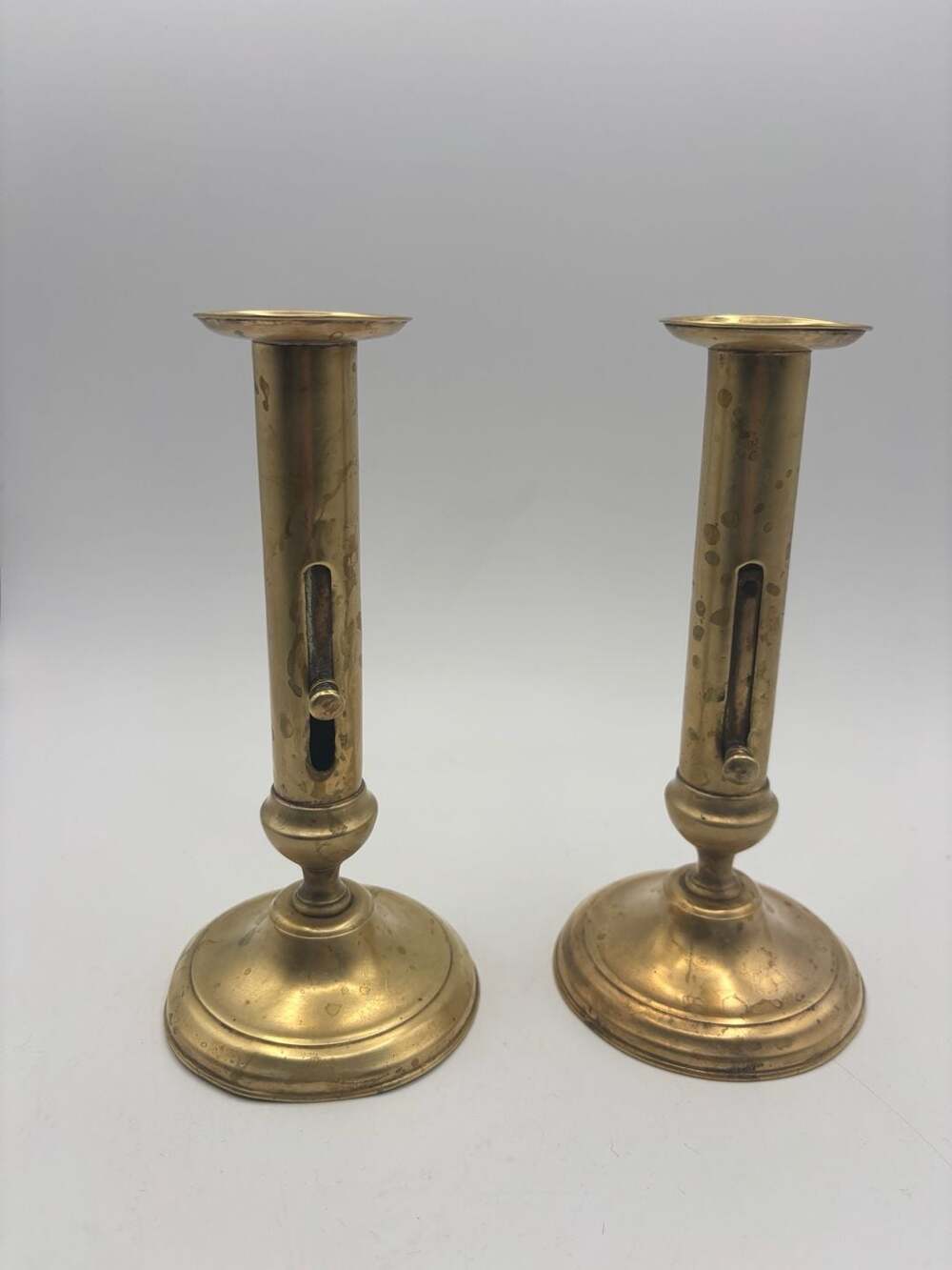Vintage Brass Candlestick Holders Pair With Push Up Ejector Mechanism